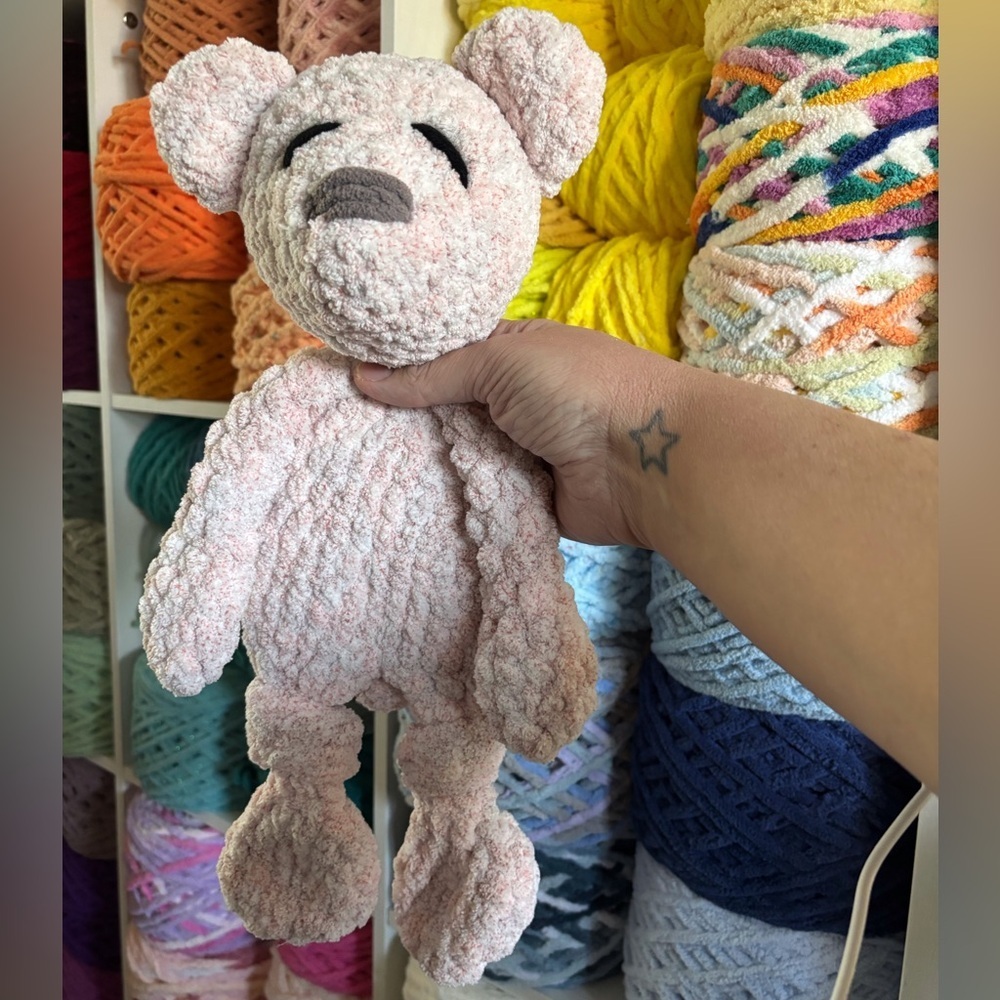 Handmade Crochet pink frosting bear knotted lovey